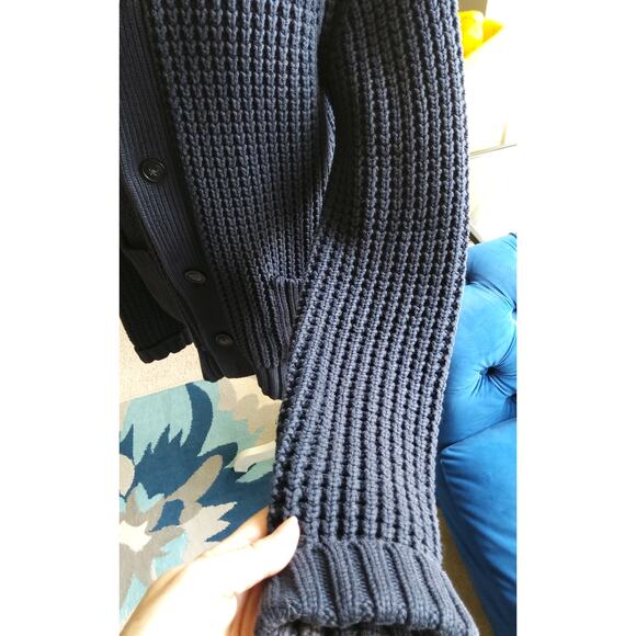 Mens Fisherman chunky knit Caridigan sweater Coastal Navy button up 100% cotton - Picture 5 of 12